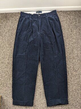 Vintage Polo Ralph Lauren Pants Corduroy Pleated Hammond Navy Blue Mens 33x27